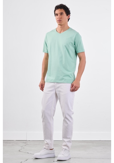 Dufy Mint Yeşili V Yaka Pamuklu Düz Renk Slim Fit Erkek T-shirt Mint Yeşili