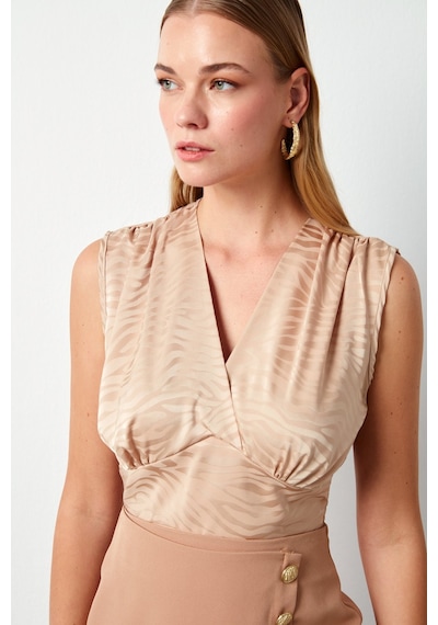 Sateen Kruvaze Desenli Saten Bluz - Camel