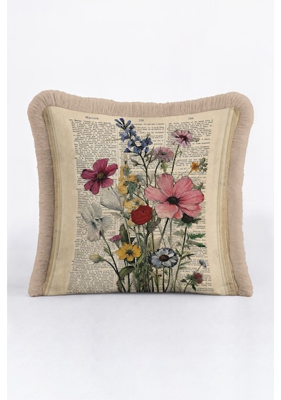 Vintage Çiçek Botanik Saçaklı Yastık Kılıfı-nostaljik Floral Krem Bej Vizon Püsküllü Kırlent Kılıfı Çok Renkli