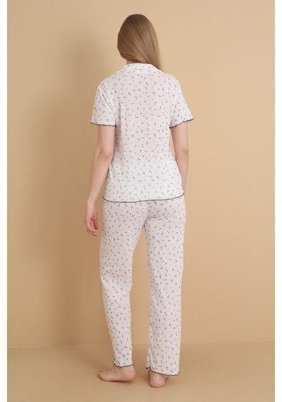 Wordex Mirano 1714 Çiçekli Pointel İnce Kumaş Düğmeli Kısa Kollu Kadın Pijama Takımı Ekru