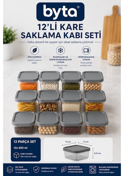 Eco 12'li Kare Erzak Saklama Kabı Seti 12x650 Ml Bpa Free Kapaklı Gıda Saklama Kabı Buzdolabı Ve Kiler Düzenleyici Şeffaf