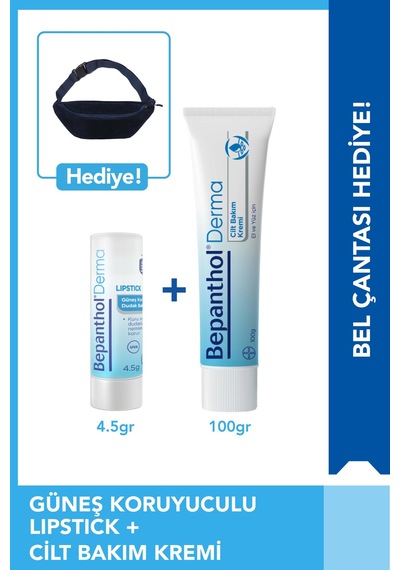 Bepanthol Derma Cilt Bakım Kremi 100 G + Lipstick Güneş Koruyucu Dudak Bakım Kremi 4.5 ML + Bel Çantası