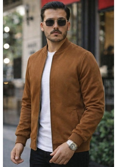 Defymoda Erkek Uzun Kollu Önden Fermuarlı Süet Ceket Kahve
