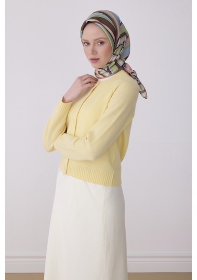 Geometrik Desen İpek Twill Eşarp T 4311 Pudra-Kahve
