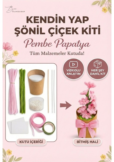 Pembe Şönil Papatya Yapım Kiti Şönil Hobi Seti - Yaratıcı Hobi Ve Kendin Yap Seti