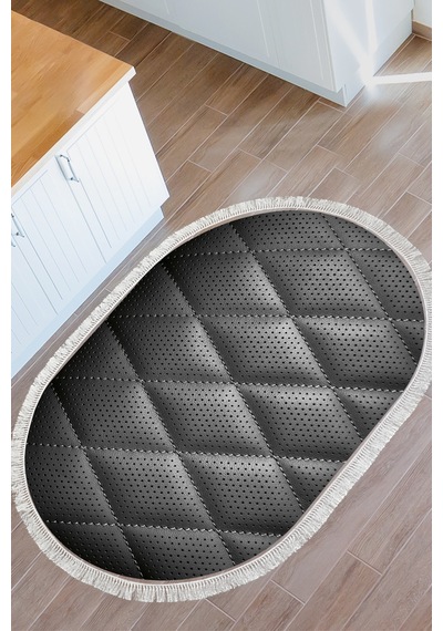 Kaymaz Dijital Mutfak & Salon Halı Trend Saçaklı Oval Geometrik E5013 Siyah