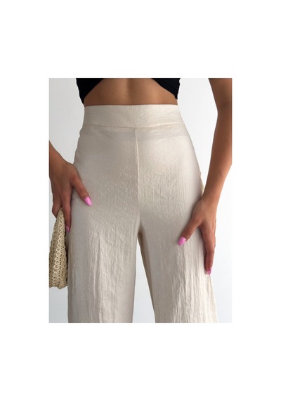 Winmoda34 Kadın Saten Pantolon Bol Paça Ekru