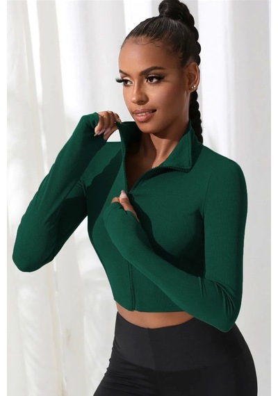Najmaddin Beru Yeşil Dik Yaka Fermuarlı Uzun Kollu Parmak Geçmeli Crop Top Spor Bluz
