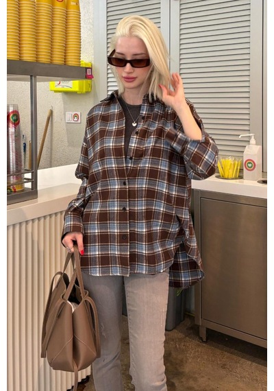Madmext Bebe Mavisi Oversize Ekose Desenli Kadın Gömlek Mg2589 Bebe Mavisi