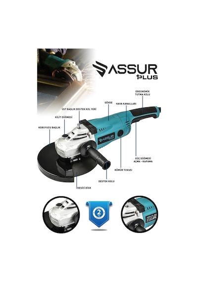Assur ASR329 2200 W Metal Şanzıman 230 MM Büyük Spiral Taşlama