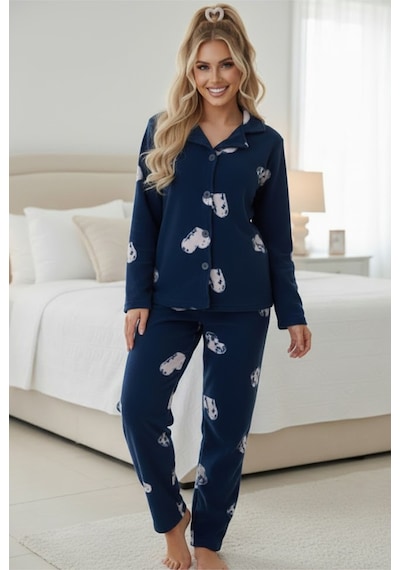 Siyah İnci Düğmeli Polar Kışlık Örme Pijama Takım 25222804 Lacivert
