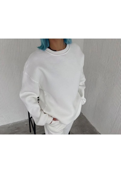 Kadın Bisiklet Yaka 3 İplik Pamuklu Basic Sweatshirt - Beyaz