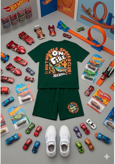 Cg Kids Hot Wheells Erkek Çocuk Tshirt&şort Alt Üst Takım Sırt Baskı Detaylı Süper Kalite Yeşil