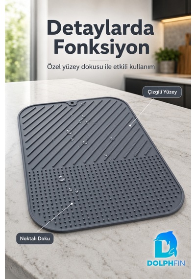 Silikon Bulaşık Kurutma Matı 38x28 Cm Kaymaz Tezgâh Üstü Gri Mutfak Matı
