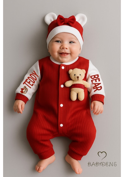 Babyden's Teddy Bear Temalı Yenidoğan Fitilli Tulum Takımı Ayıcıklı Kız Bebek Tulum Şapka Set %100 Pamuk Bordo