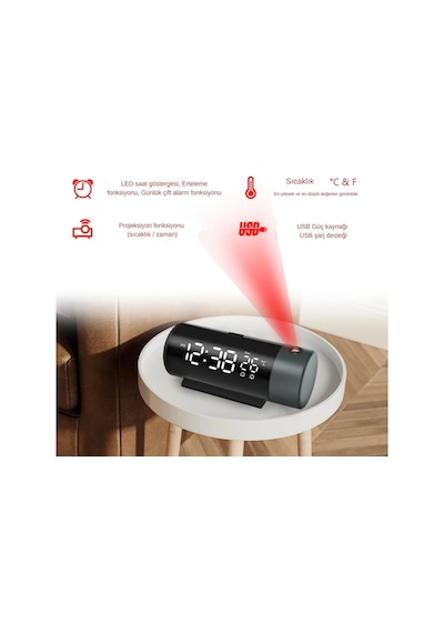 Projeksiyonlu Led Dijital Çalar Saat Usb Güç Çift Alarm Tavan & Duvar Yansıtma Masa Saati Siyah