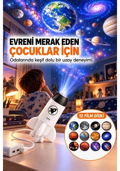 12 Film Diskli Roket Galaksi Projektörü Usb Tak Çalıştır Uzay Ve Gezegen Projeksiyon Gece Lambası Aklby-bsva58