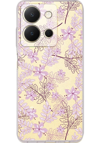 Vivo Y36 Uyumlu Kamera Korumalı Floral Pudra Tasarımlı Şeffaf Silikon Kılıf