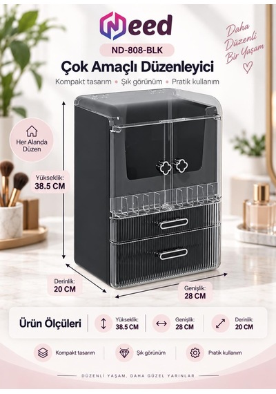 Need Yonca Kulplu Dolap Tasarımlı Çekmeceli Makyaj Ve Kozmetik Organizeri Siyah / Siyah Kulp Nd-808-blk