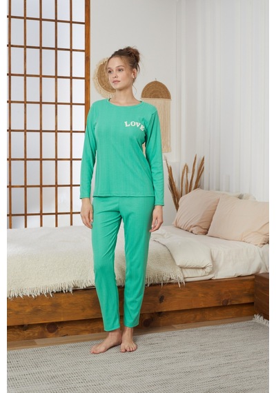 Siyah İnci Love Nakışlı Fitilli Örme Pijama Takım25226001 Yeşil