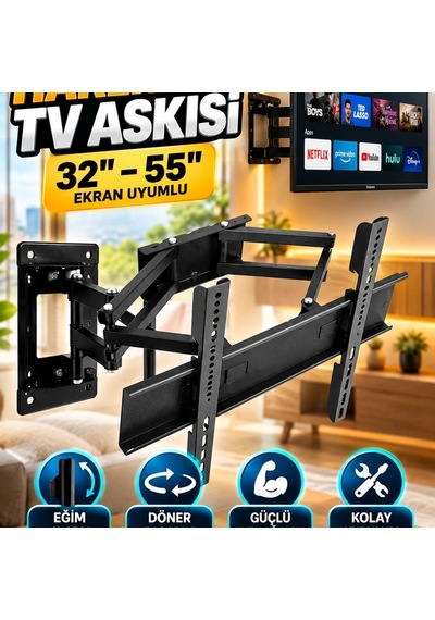 32 55 İnç Hareketli Tv Duvar Askı Aparatı Döner Ve Eğim Ayarlı