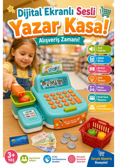 Eğitici Oyuncak Yazar Kasa Seti - Sesli Ve Işıklı, Dijital Ekranlı, Hesap Makineli Market Alışveriş Oyunu 3+ Yaş