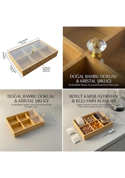Bambu Organizer Kutu, 6 Bölmeli, Şeffaf Kapaklı, Kristal Kulplu, 30x20x6 Cm, Çay Ve Baharat Düzenleyici, Takı Düz Diğer