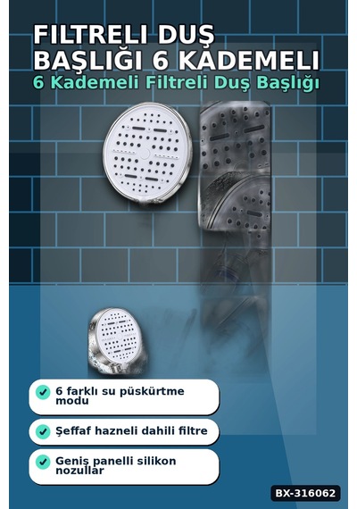Filtreli Duş Başlığı 6 Kademeli Su Püskürtme Geniş Panel Silikon Nozullu Beyaz Bx-316062 Diğer