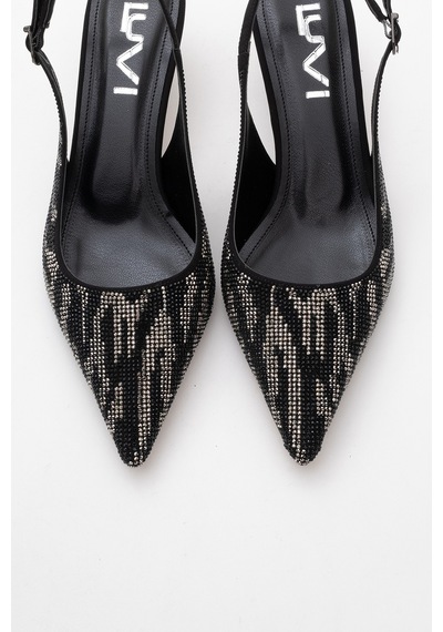 Luvishoes Luvi Shoes Ushes Siyah Saten Taşlı Kadın Kısa Topuklu Abiye Ayakkabı Siyah