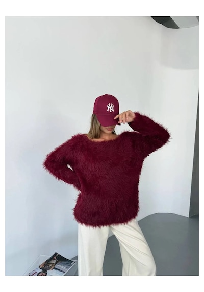 Kechi Woman Tüylü Triko Kazak Bordo