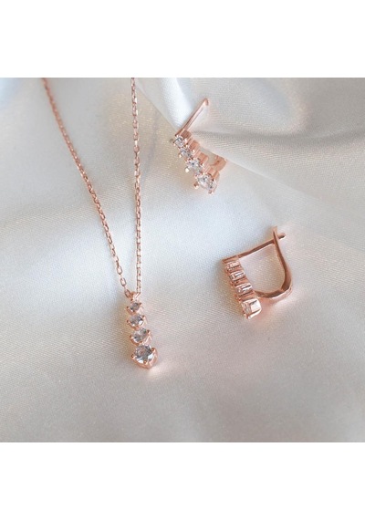 4 Taşlı Rose Gold Kaplama Gümüş Set Gümüş