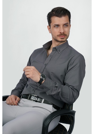 Füme Yaka Düğmeli Premium Şamre Slimfit Erkek Gömlek Füme