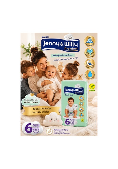 Jenny & Willy Premium Bebek Bezi 6 Numara Xlarge 17+ Kg 26 Adet Kremli Doku, Ekstra Emici Ve Sızdırmaz Koruma