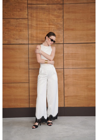 Verymoda Puantiyeli Paçası Dantelli Saten Pantolon D2970 Krem