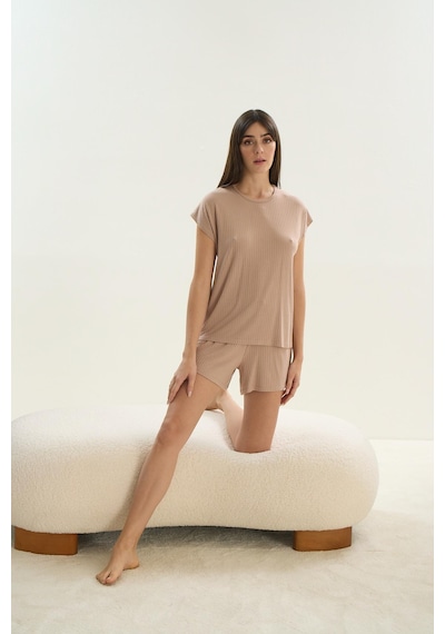 Sevim Kadın Kısa Kol Şortlu Bej Pijama Takım C9t6n0o61 001