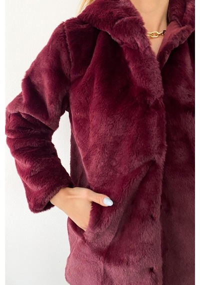 Femelle Kadın Bordo Astarlı Peluş Kapüşonlu Kürk Kaban Mont Kürk
