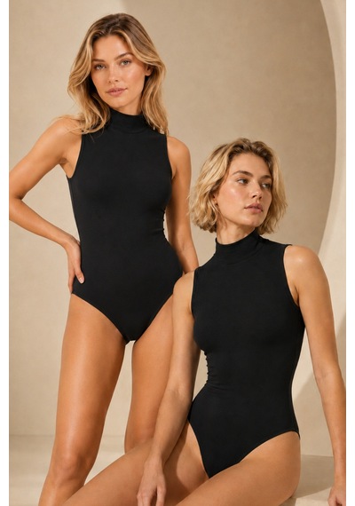 Loule Kadın 2'li Siyah %95 Pamuklu Dik Yaka Kolsuz Alttan Kancalı Body