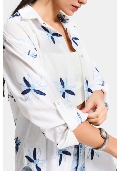 Itsbasic Kadın Beyaz Mavi S6-103 Oversize Nakışlı Gömlek