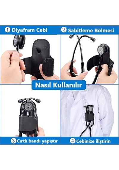 Hakiki Deri Stetoskop Tutucu Organizer Holder Siyah