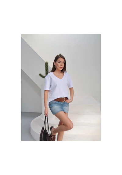 Paw Garage Kadın Massi İnterlok Kumaş V Yaka Oversize T-shirt Beyaz
