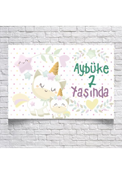 Sevimli Unicorn Temalı Doğum Günü Afişi 70x100 Cm