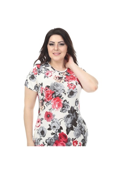 Ekru Çiçekli Cepli Büyük Beden Elbise 6D-1147 Ekru