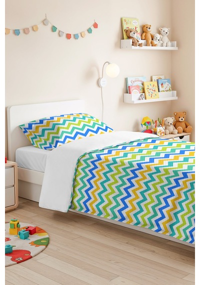 Mavi Zigzag Geometrik Genç Odası Tek Kişilik Pike Takımı - Renkli 160x220 Cm Kapitone Yatak Örtüsü Bohem Kil Kabuğu