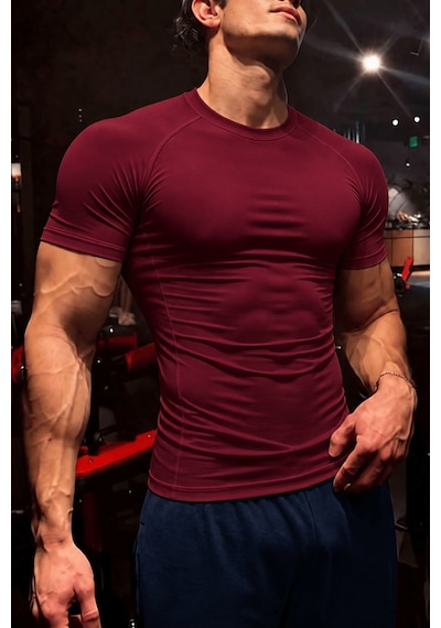 Genius Store Erkek Dalgıç Kumaş Compression Spor Tişört Muscle Body Fit Gym Antrenman T-shirt Compression-t-shirt Bordo
