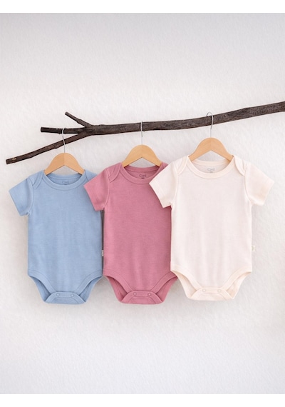 Civil Baby 3 Lü Basıc Kısa Kol 0-36 Ay Çıtçıtlı Badi - Pudra Açık Pudra