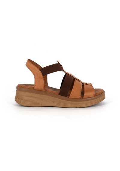 Mammamia D26ys-2820 Taba Renk Hakiki Deri Lastikli Kısa Dolgu Topuklu 5cm Kadın Sandalet