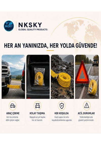 Nksky 3 Ton Araç Çekme Halatı 3 Metre 5 Cm Genişlik Güçlendirilmiş Uçlu Oto Çeki Halatı