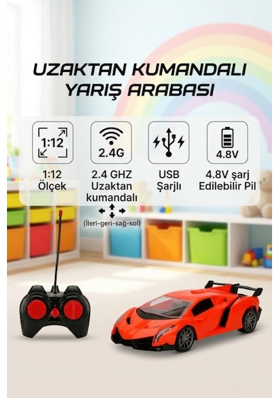Uzaktan Kumandalı 1:12 Ölçekli 4 Fonksiyon Işıklı Usb Şarjlı 10-15km/h 2.4ghz Oyuncak Spor Araba Turuncu