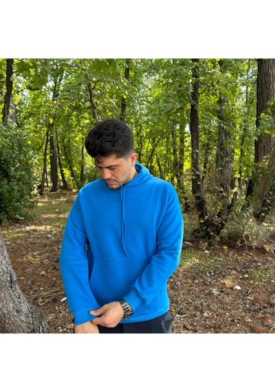 Erkek 3 İplik Basic Oversize Kanguru Cepli Kapüşonlu Sweatshirt Mavi