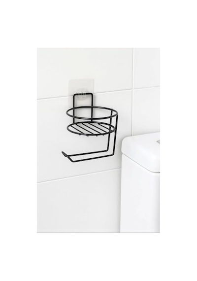 Yapışkanlı Tuvalet Kağıtlığı - Mat Siyah Metal, Delmeden Montaj 16.5 x 12.2 x 11.2 CM